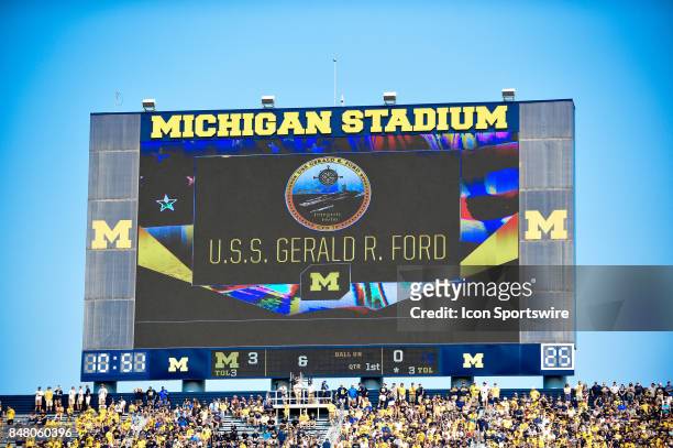 The Michigan scoreboard shows a message from the U.S.S. Gerald Ford Aircraft Carrier during the Michigan Wolverines versus US Air Force Academy...