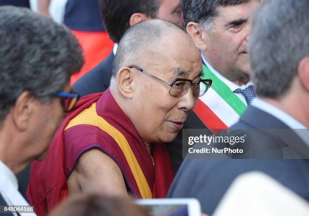 The Dalai Lama, Tenzin GYATSO, arrives at the Greek Theatre in Taormina, Italy on 16 September 2017. The spiritual leader of the Tibetan people is on...