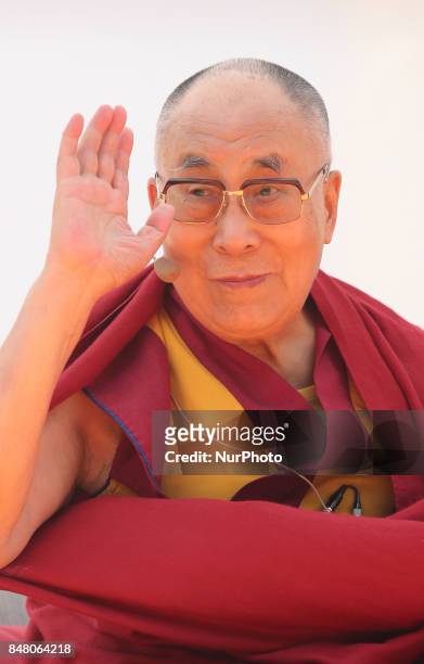 The Dalai Lama, Tenzin GYATSO, speaks at the Greek Theatre in Taormina, Italy on 16 September 2017. The spiritual leader of the Tibetan people is on...