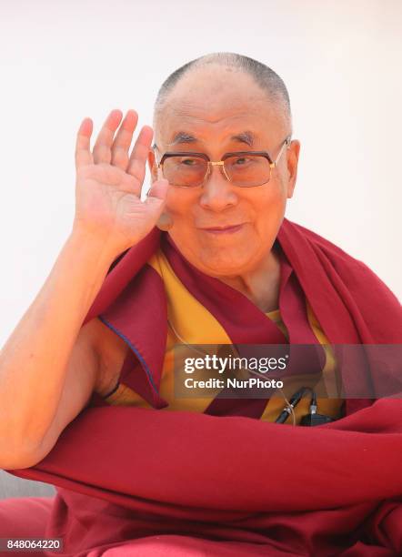 The Dalai Lama, Tenzin GYATSO, speaks at the Greek Theatre in Taormina, Italy on 16 September 2017. The spiritual leader of the Tibetan people is on...