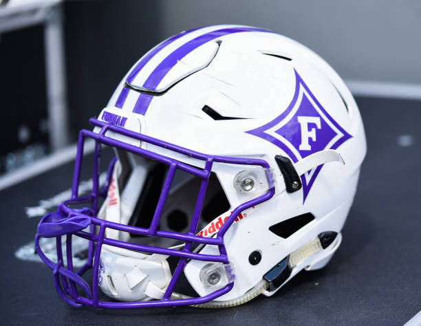 Furman Palidins helmet sits on an equipment trunk during the NCAA football game between the North Carolina State Wolfpack and the Furman Palidins on...