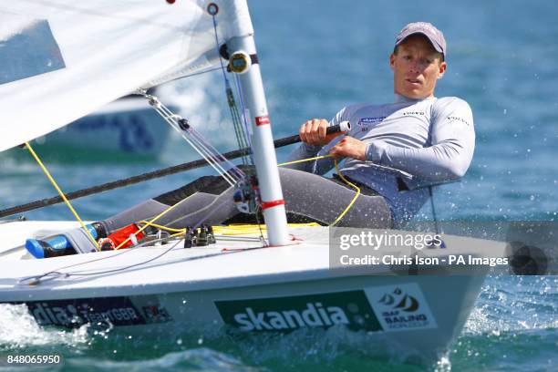 British Olympic Laser sailor Paul Goodison pictured on the water at the Weymouth and Portland National Sailing Academy, the venue of the sailing...