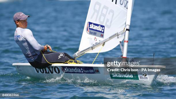 British Olympic Laser sailor Paul Goodison on the water at the Weymouth and Portland National Sailing Academy.