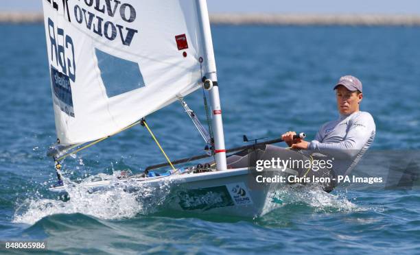 British Olympic Laser sailor Paul Goodison on the water at the Weymouth and Portland National Sailing Academy.