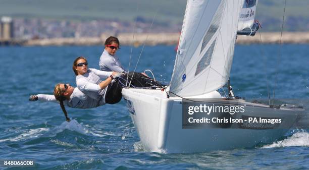 British Olympic Match Racing sailing team of Lucy Macgregor , Annie Lush and Kate Macgregor on the water at the Weymouth and Portland National...