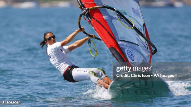British Olympic Women's RS:X sailor Bryony Shaw on the water at the Weymouth and Portland National Sailing Academy.