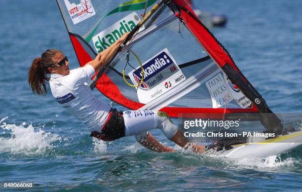 British Olympic Women's RS:X sailor Bryony Shaw on the water at the Weymouth and Portland National Sailing Academy.