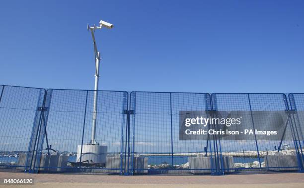 General view of security fencing being erected around the Weymouth and Portland National Sailing Academy.