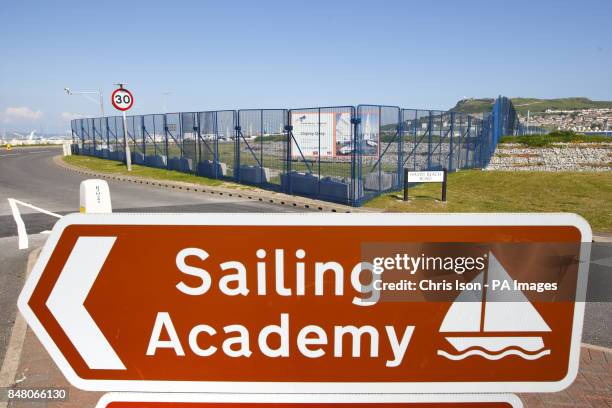 General view of security fencing being erected around the Weymouth and Portland National Sailing Academy.
