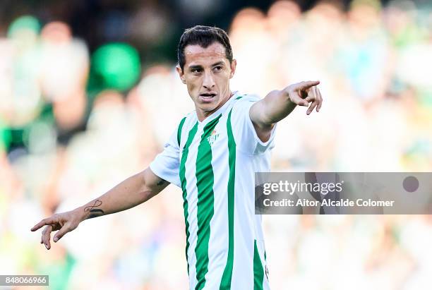 Andres Guardado of Real Betis Balompie looks on during the La Liga match between Real Betis and Deportivo La Coruna at Estadio Benito Villamarin on...