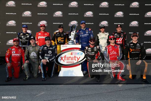 Daniel Hemric, driver of the Blue Gate Bank Chevrolet, Michael Annett, driver of the Pilot Flying J Chevrolet, Brendan Gaughan, driver of the South...