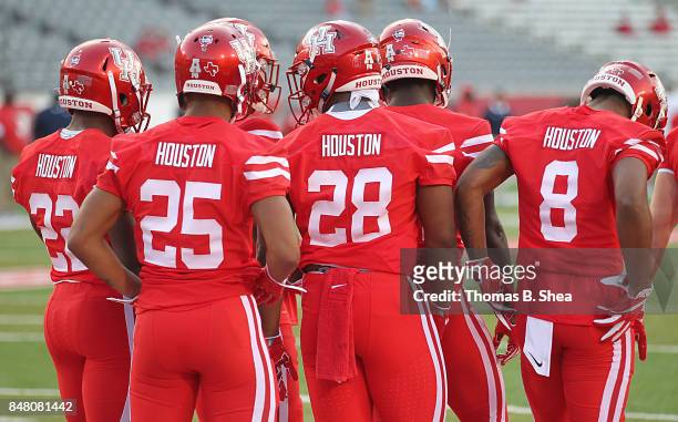The Houston Cougars wear the name "Houston" on their back of the jerseys in honor of the sane "Houston Strong" before the Cougars play against the...
