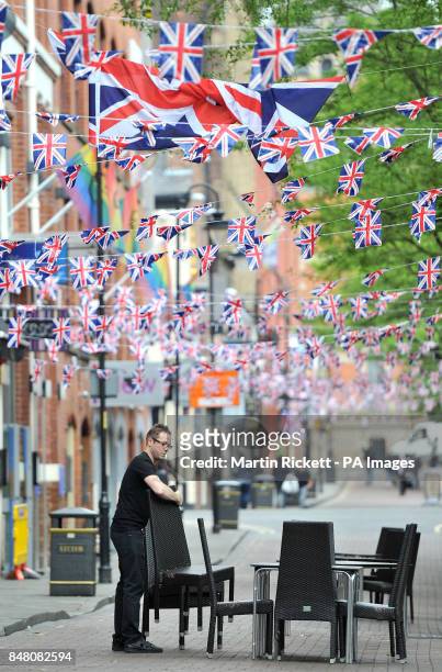 Preparations are made for a Jubilee street party on Canal Street in Manchester.
