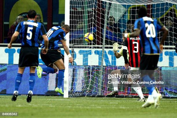 Forward Adriano of FC Inter Milan scores during FC Inter Milan v AC Milan - Serie A match on February 15, 2009 in Milan, Italy.