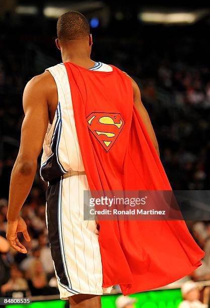 Dwight Howard of the Orlando Magic wears a Superman cape during the Sprite Slam Dunk Contest on All-Star Saturday Night, part of 2009 NBA All-Star...