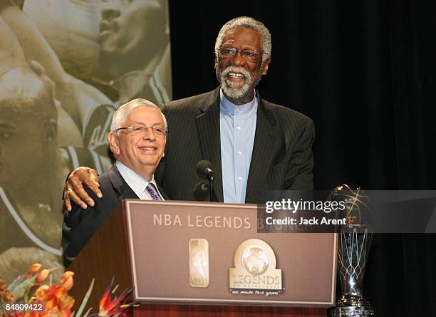 David Stern NBA commissioner, and Bill Russell former NBA player, take the stage during the NBA Legends Brunch during NBA All Star Weekend on...