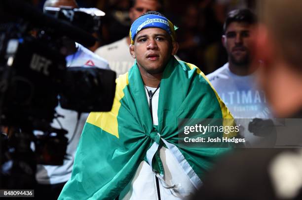 Gilbert Burns of Brasil prepares to enter the Octagon prior to facing Jason Saggo of Canada in their lightweight bout during the UFC Fight Night...