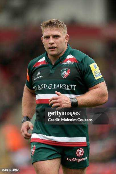 Tom Youngs of Leicester Tigers during the Aviva Premiership match between Leicester Tigers and Gloucester Rugby at Welford Road on September 16, 2017...