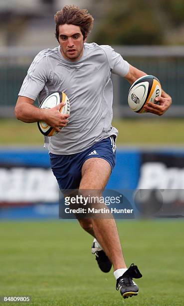 Adam Whitelock runs with the ball during a Crusaders Super 14 training session at Rugby Park on February 16, 2009 in Christchurch, New Zealand.
