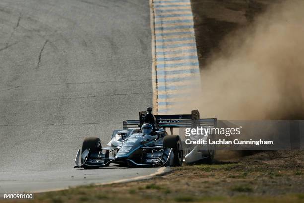 Josef Newgarden of the United States driver of the hum by Verizon Chevrolet drives during qualifying on day 2 of the GoPro Grand Prix of Somoma at...