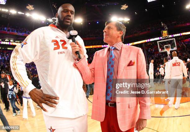 Shaquille O'Neal of the Western Conference is interviewed by TNT's Craig Sager of the Eastern Conference during the 58th NBA All-Star Game, part of...