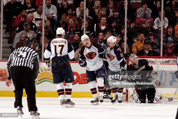 The Atlanta Thrashers celebrate a first period goal from teammate Bryan Little against the Anaheim Ducks during the game on February 15, 2009 at...