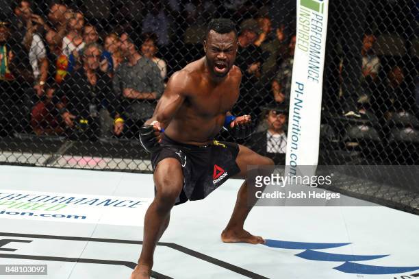 Uriah Hall of Jamaica celebrates after defeating Krzysztof Jotko of Poland in their middleweight bout during the UFC Fight Night event inside the PPG...