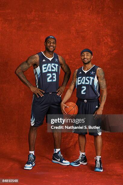 LeBron James and Mo Williams of the Eastern Conference poses for a portrait prior to the 2009 NBA All-Star Game on February 15, 2009 at the US...