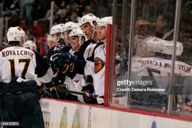 Ilya Kovalchuk of the Atlanta Thrashers celebrates a hat trick with his team against the Anaheim Ducks during the game on February 15, 2009 at Honda...