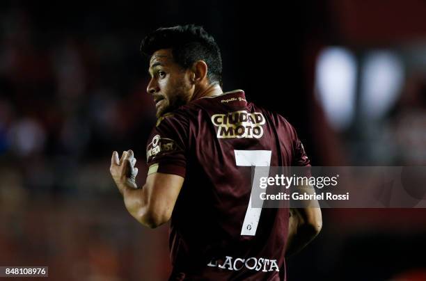 Lautaro Acosta of Lanus reacts during a match between Independiente and Lanus as part of the Superliga 2017/18 at Libertadores de America Stadium on...