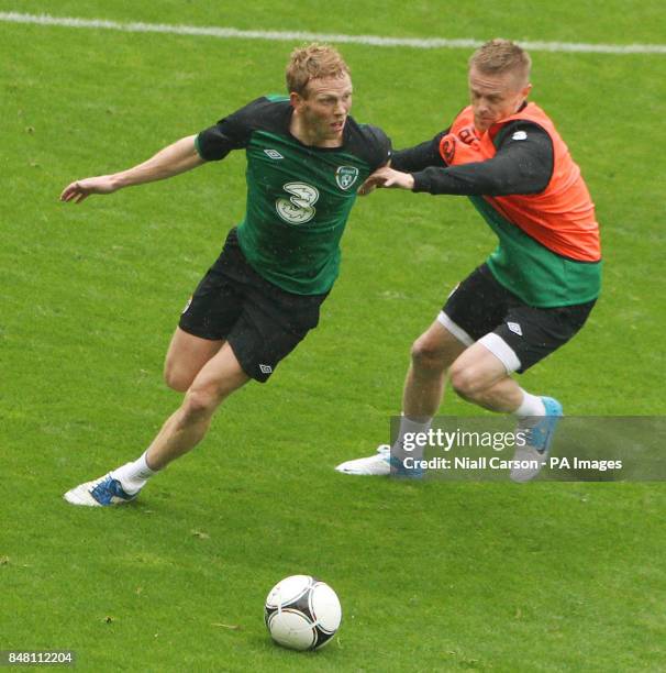 Republic of Ireland's Paul Greene and Damien Duff during a training session at the Municipal Stadium, Gdynia, Poland.