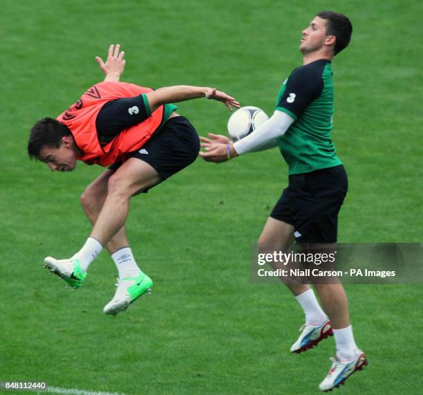 Republic of Ireland's Sean St Ledger and Shane Long during a training session at the Municipal Stadium, Gdynia, Poland.