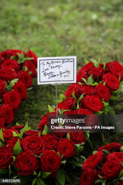 Flowers left at the funeral of Bee Gee Robin Gibb by his brother and family at St Mary's Church in Thame, Oxfordshire.