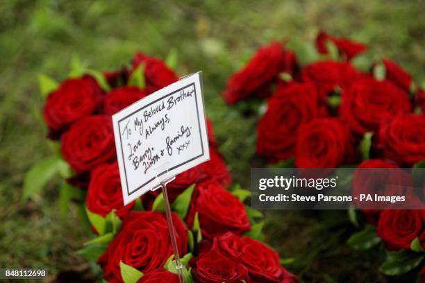 Flowers left at the funeral of Bee Gee Robin Gibb by his brother and family at St Mary's Church in Thame, Oxfordshire.