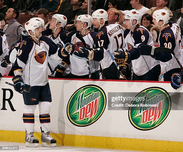 Colin Stuart of the Atlanta Thrashers celebrates a goal with teammates against the Anaheim Ducks during the game on February 15, 2009 at Honda Center...