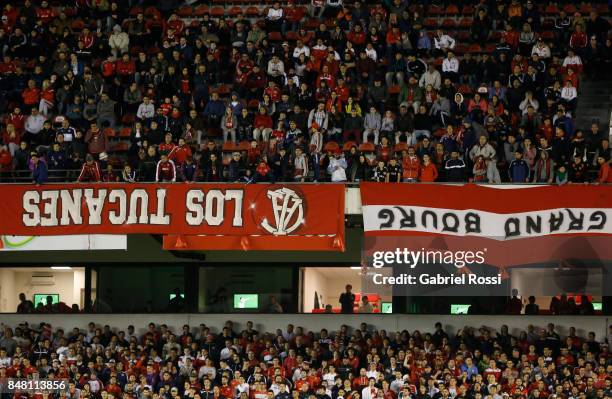 Flags from fans are seen upside down as a protest due to the last match's arrests during a match between Independiente and Lanus as part of the...