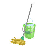 Cartoon house and apartment cleaning service icon. Old dry mop with handle and green plastic bucket with bubbles. Simple colors and gradient vector illustration.