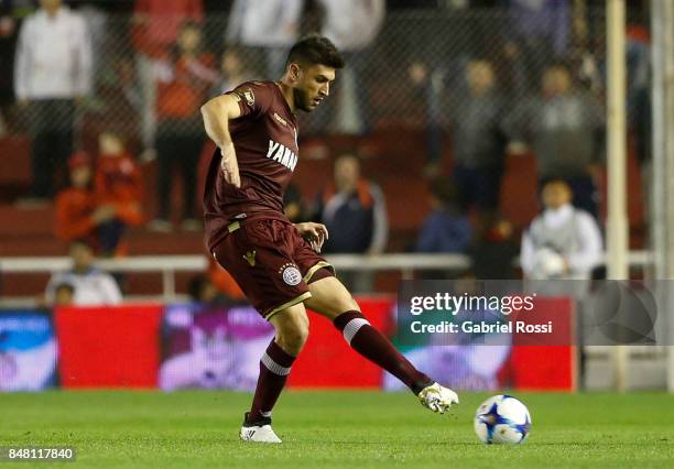 Diego Braghieri of Lanus kicks the ball during a match between Independiente and Lanus as part of the Superliga 2017/18 at Libertadores de America...
