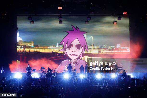 Damon Albarn of Gorillaz perform onstage during Day 2 at The Meadows Music & Arts Festival at Citi Field on September 16, 2017 in New York City.