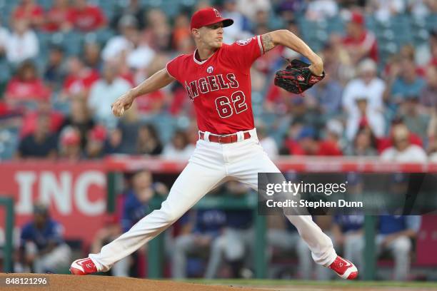 Parker Bridwell of the Los Angeles Angels of Anaheim throws a pitch in the first inning against the Texas Rangers on September 16, 2017 at Angel...