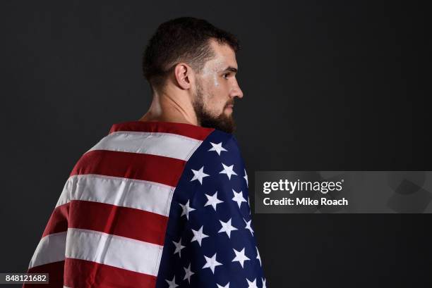 Daniel Spitz poses for a post fight portrait backstage during the UFC Fight Night event inside the PPG Paints Arena on September 16, 2017 in...