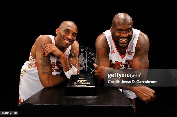 Kobe Bryant and Shaquille O'Neal of the Western Conference poses for a portrait with the MVP Trophy after the 2009 NBA All-Star Game on February 15,...