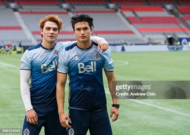 Actors KJ Apa and Charles Melton pose for a picture during the Legends And Stars: Whitecaps FC Charity Alumni match at BC Place on September 16, 2017...
