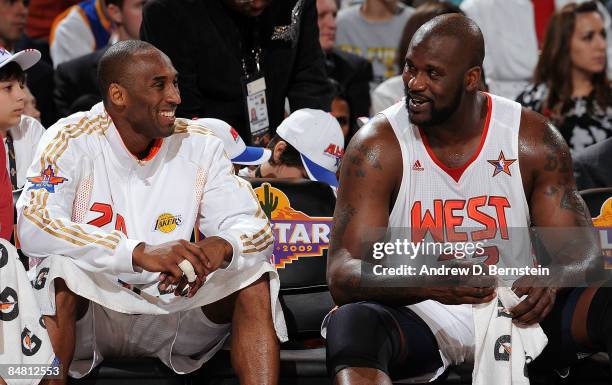 Kobe Bryant and Shaquille O'Neal of the Western Conference sit on the bench during the 58th NBA All-Star Game, part of 2009 NBA All-Star Weekend, at...