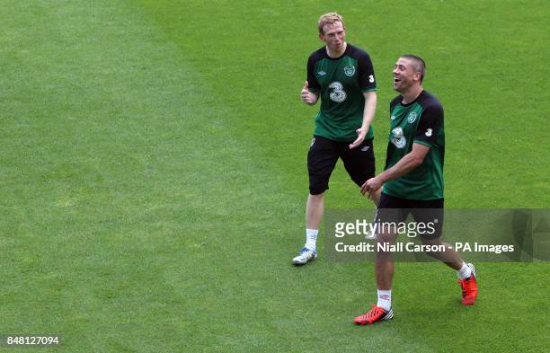 Republic of Ireland's Paul Green and Jon Walters during a training session at the Municipal Stadium, Gdynia, Poland.