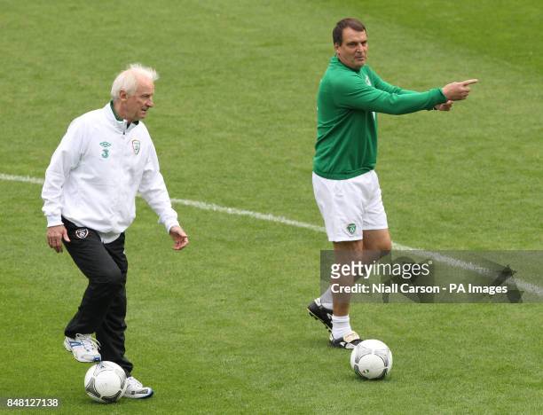 Republic of Ireland manager Gionavanni Trappatoni and assiatant manager Marco Tardelli during a training session at the Municipal Stadium, Gdynia,...