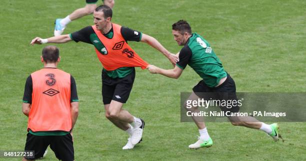 Republic of Ireland's Robbie Keane and John O'Shea during a training session at the Municipal Stadium, Gdynia, Poland.