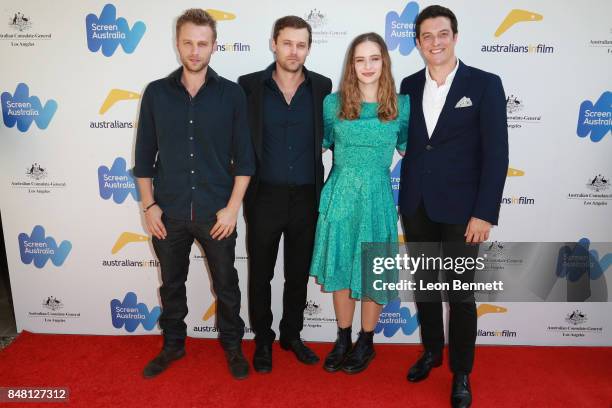 Actors Matt Levett, Oliver Ackland, Ashleigh Cummings and James Mackay attends The 2017 Australian Emmy Nominee Sunset Reception on September 16,...