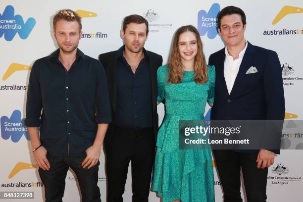 Actors Matt Levett, Oliver Ackland, Ashleigh Cummings and James Mackay attends The 2017 Australian Emmy Nominee Sunset Reception on September 16,...