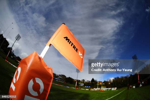 Mitre 10 Cup corner flag is seen during the round five Mitre 10 Cup match between Counties Manukau and Hawke's Bay at ECOLight Stadium on September...